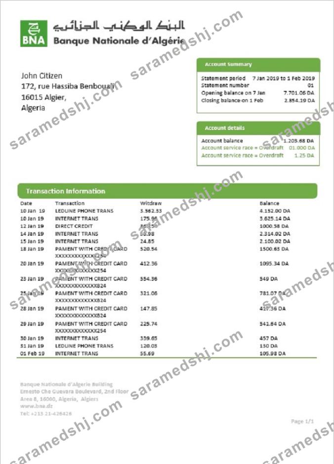 Algeria Banque nationale d’Algérie (BNA) bank statement